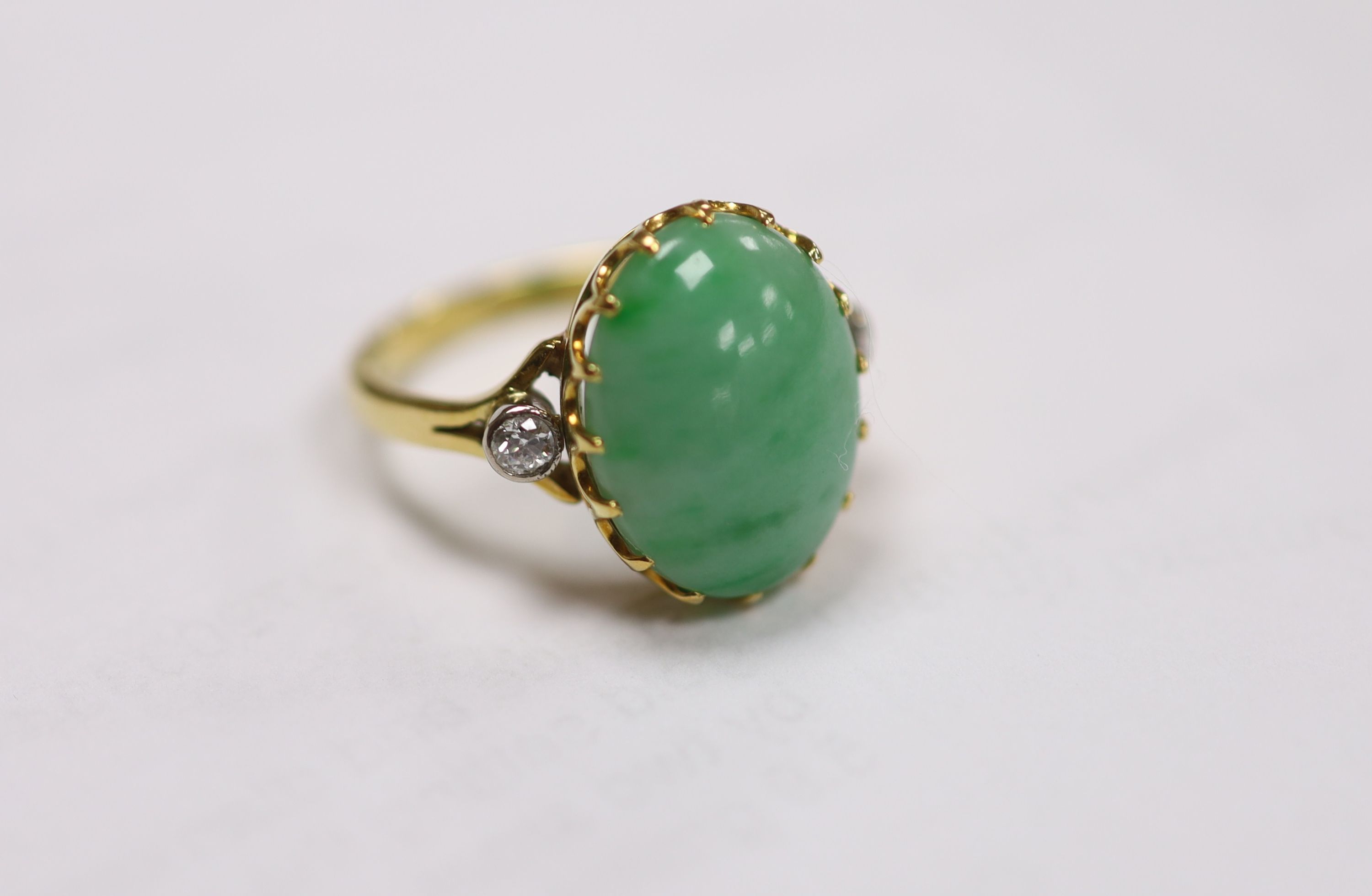 A jade and diamond dress ring, 18ct yellow gold setting